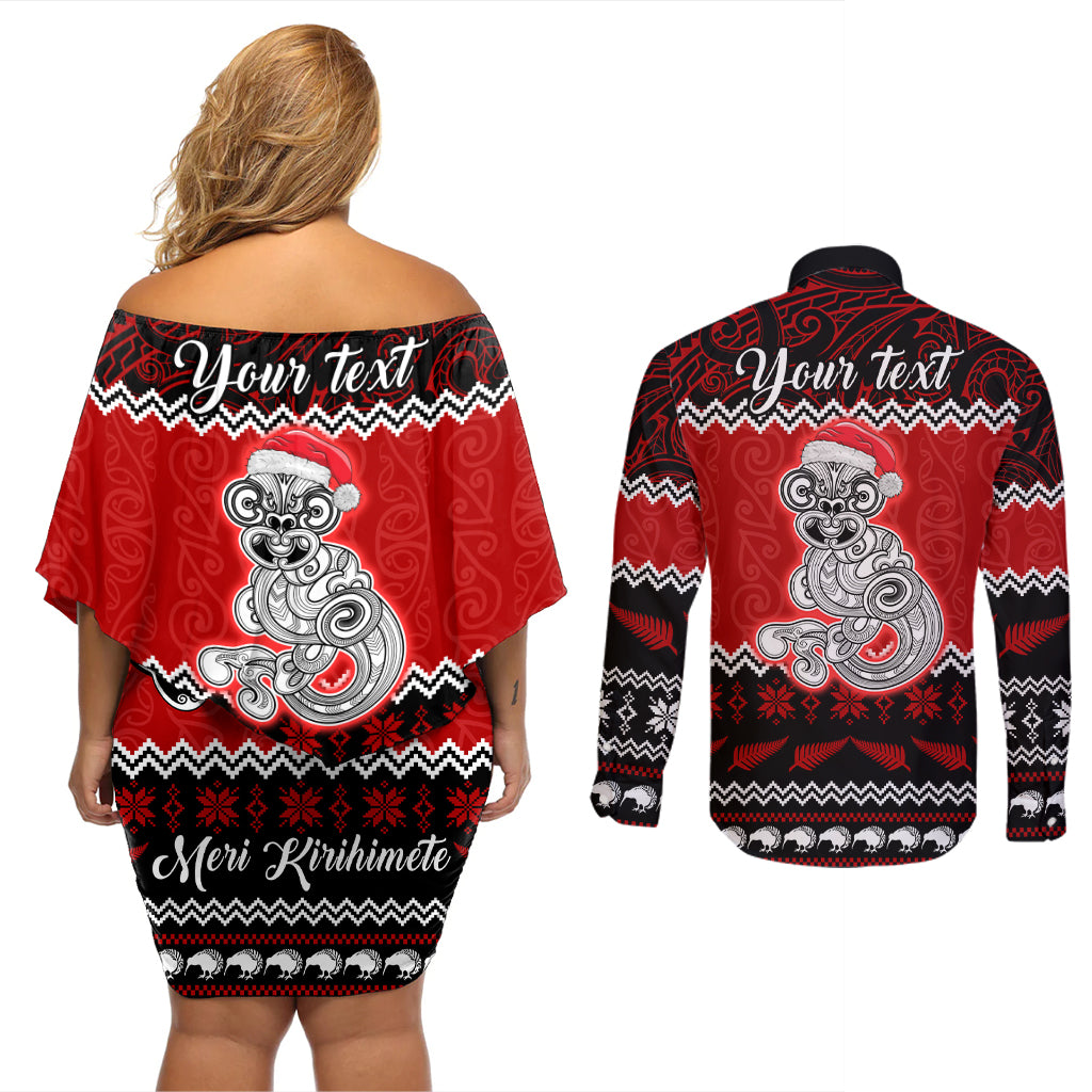 Personalised New Zealand Christmas Couples Matching Off Shoulder Short Dress and Long Sleeve Button Shirt Maori Tiki Meri Kirihimete LT9 - Polynesian Pride