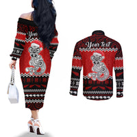 Personalised New Zealand Christmas Couples Matching Off The Shoulder Long Sleeve Dress and Long Sleeve Button Shirt Maori Tiki Meri Kirihimete LT9 - Polynesian Pride