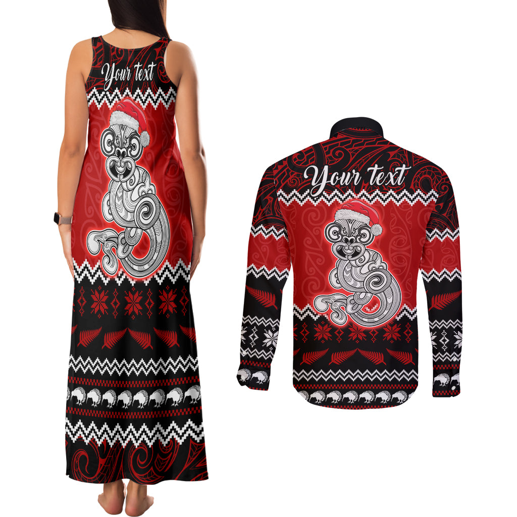 Personalised New Zealand Christmas Couples Matching Tank Maxi Dress and Long Sleeve Button Shirt Maori Tiki Meri Kirihimete LT9 - Polynesian Pride