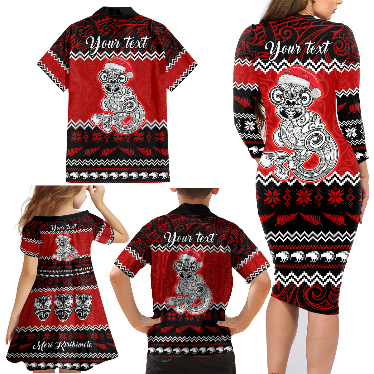 Personalised New Zealand Christmas Family Matching Long Sleeve Bodycon Dress and Hawaiian Shirt Maori Tiki Meri Kirihimete LT9 - Polynesian Pride