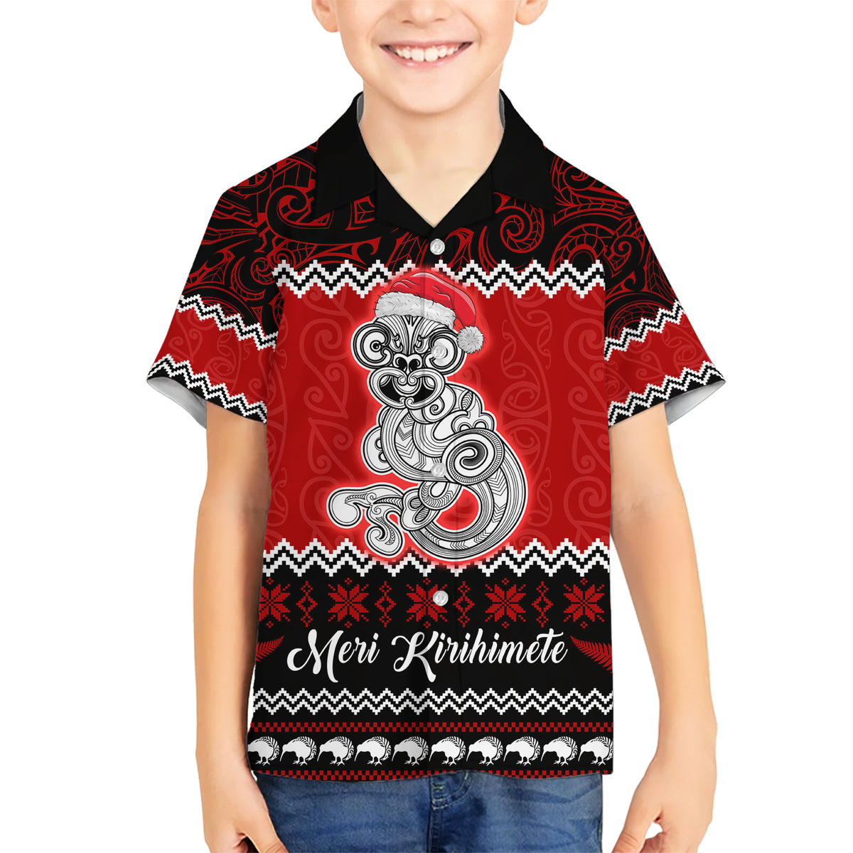 Personalised New Zealand Christmas Family Matching Short Sleeve Bodycon Dress and Hawaiian Shirt Maori Tiki Meri Kirihimete LT9 Son's Shirt Red - Polynesian Pride