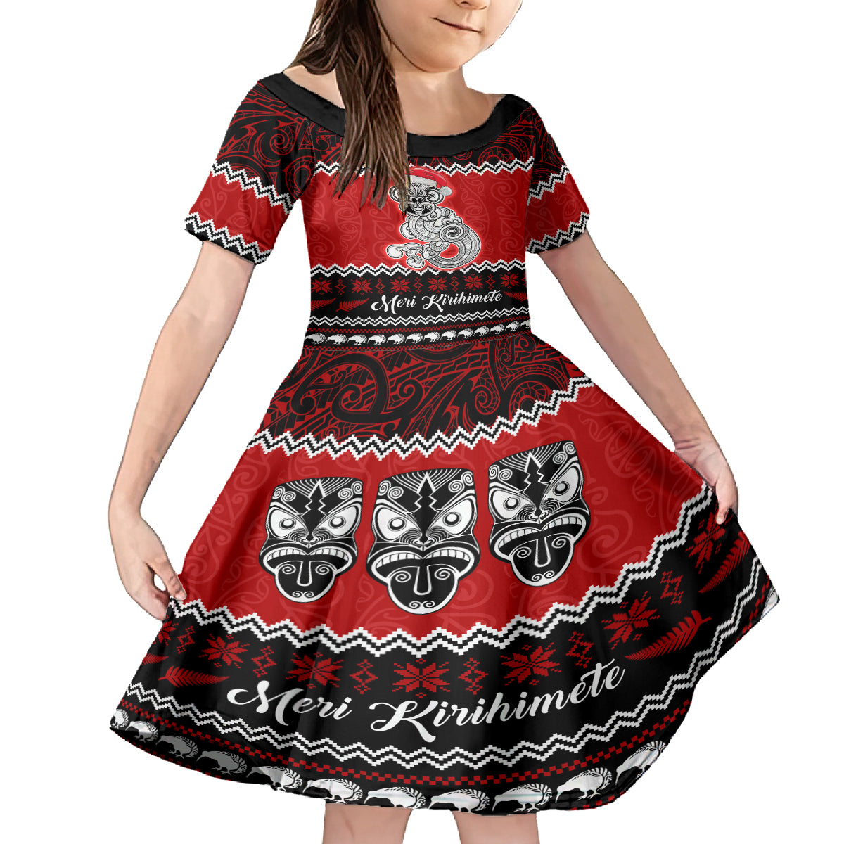 Personalised New Zealand Christmas Family Matching Tank Maxi Dress and Hawaiian Shirt Maori Tiki Meri Kirihimete LT9 Daughter's Dress Red - Polynesian Pride