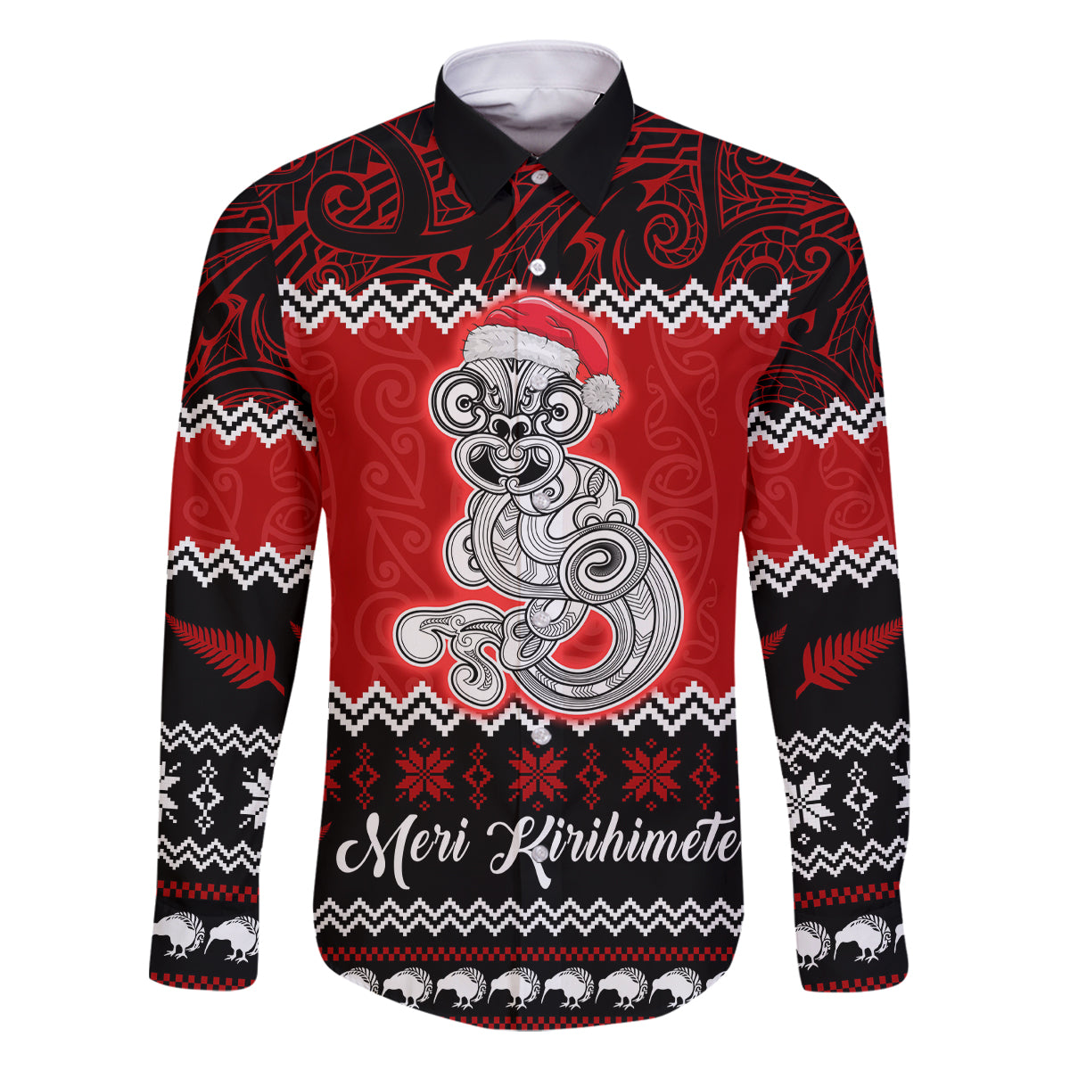 Personalised New Zealand Christmas Family Matching Tank Maxi Dress and Hawaiian Shirt Maori Tiki Meri Kirihimete LT9 Dad's Shirt - Long Sleeve Red - Polynesian Pride