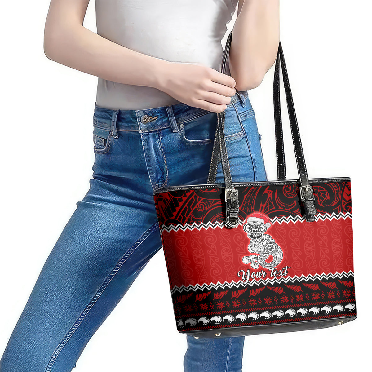Personalised New Zealand Christmas Leather Tote Bag Maori Tiki Meri Kirihimete LT9 - Polynesian Pride