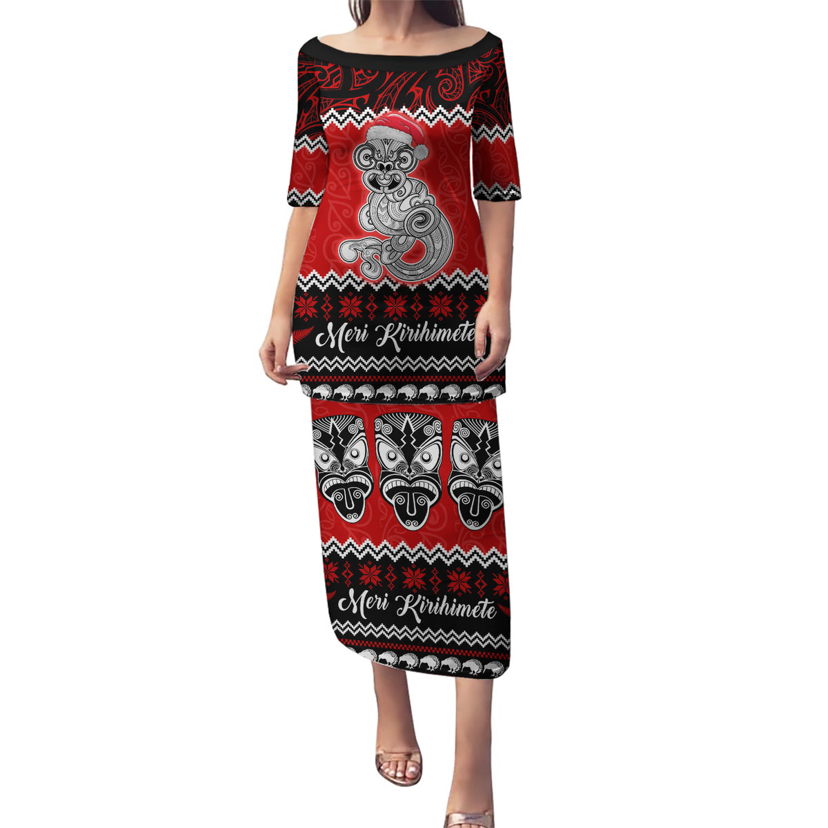 Personalised New Zealand Christmas Puletasi Maori Tiki Meri Kirihimete LT9 Long Dress Red - Polynesian Pride