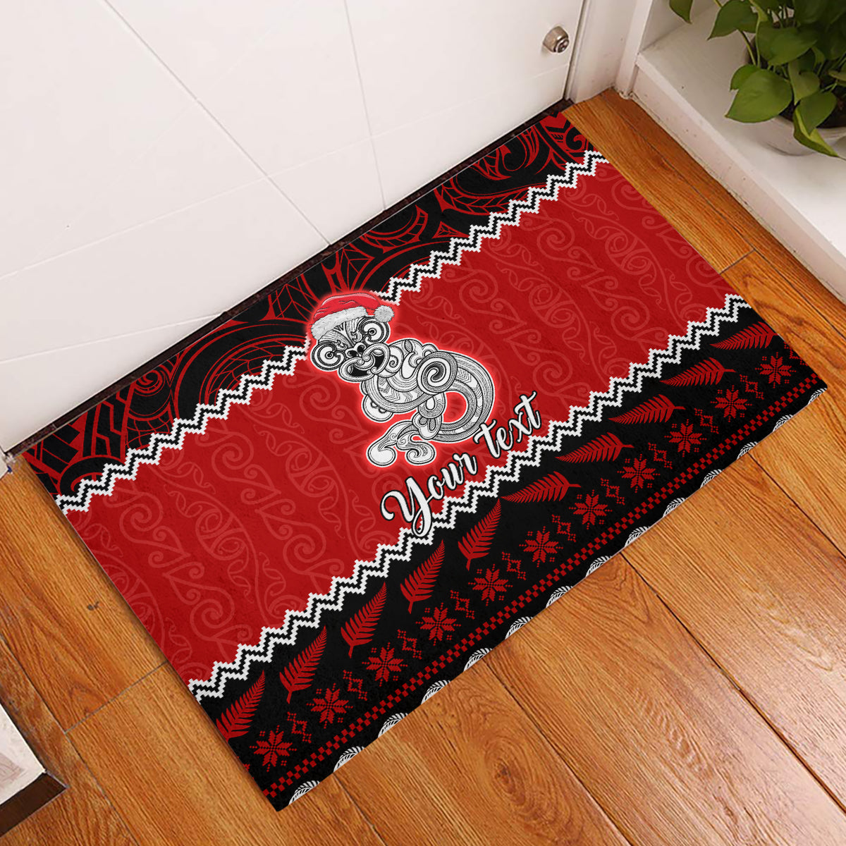 Personalised New Zealand Christmas Rubber Doormat Maori Tiki Meri Kirihimete LT9 Red - Polynesian Pride