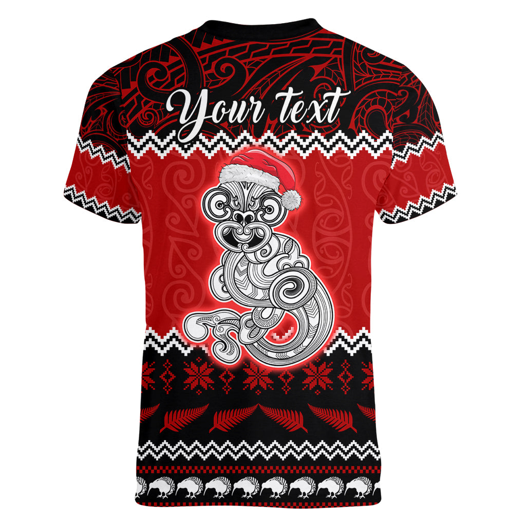 Personalised New Zealand Christmas Women V Neck T Shirt Maori Tiki Meri Kirihimete LT9 - Polynesian Pride