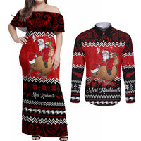 Personalised New Zealand Christmas Couples Matching Off Shoulder Maxi Dress and Long Sleeve Button Shirt Kiwi Santa Claus Maori Meri Kirihimete LT9 Red - Polynesian Pride