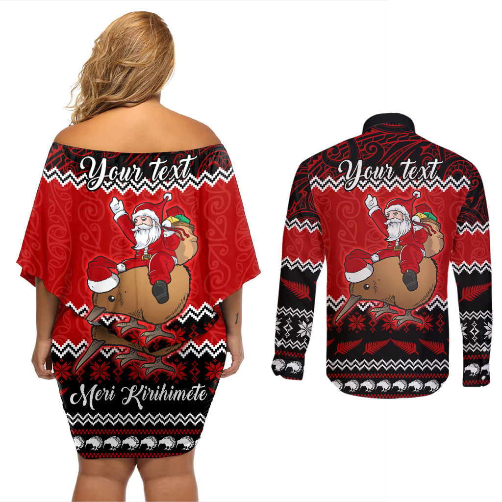 Personalised New Zealand Christmas Couples Matching Off Shoulder Short Dress and Long Sleeve Button Shirt Kiwi Santa Claus Maori Meri Kirihimete LT9 - Polynesian Pride