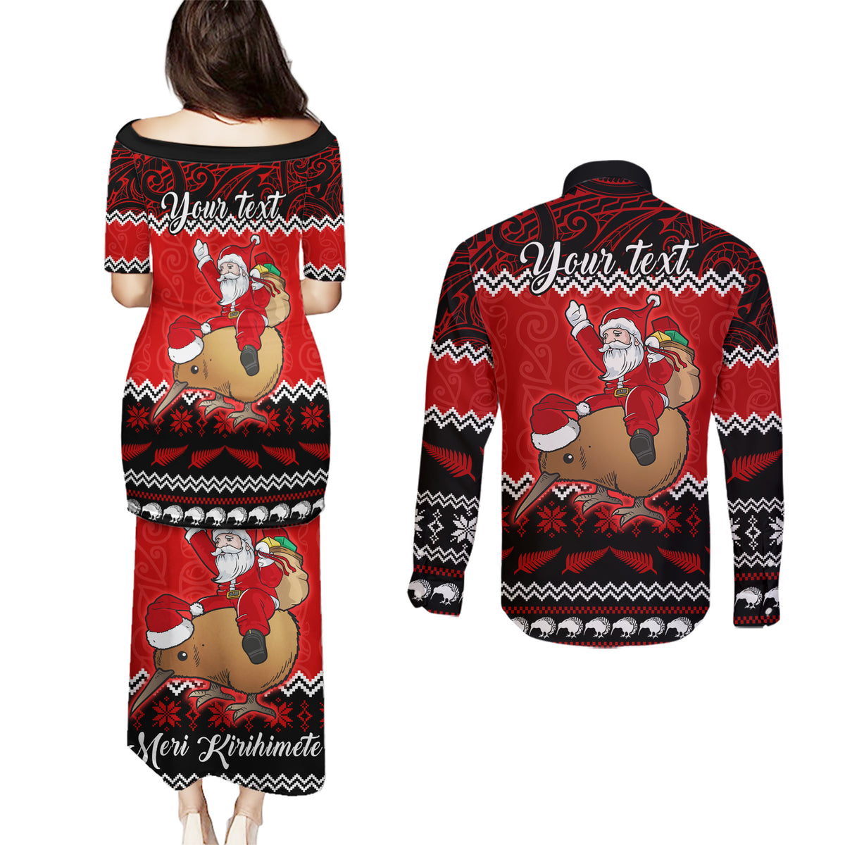 Personalised New Zealand Christmas Couples Matching Puletasi Dress and Long Sleeve Button Shirt Kiwi Santa Claus Maori Meri Kirihimete LT9 - Polynesian Pride