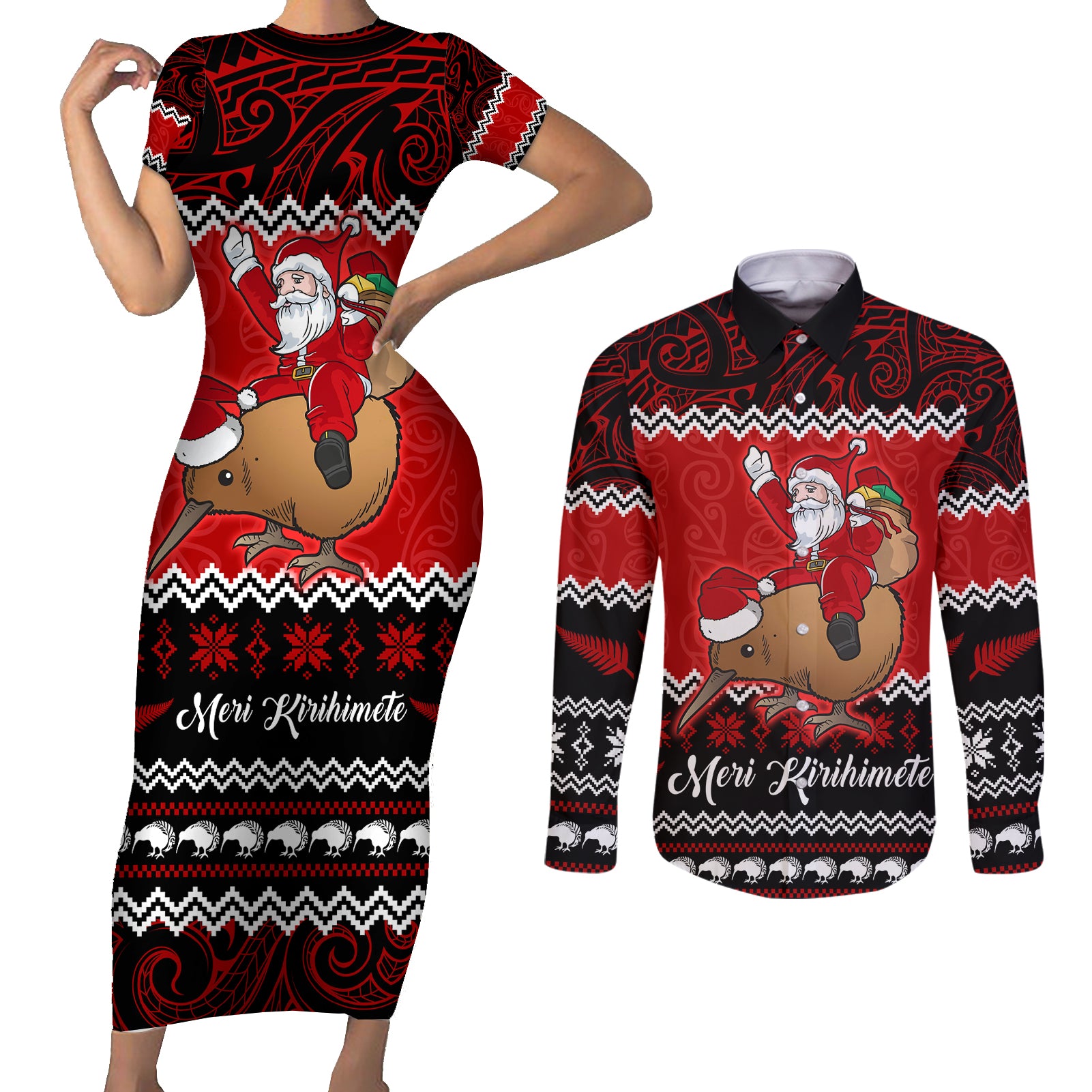 Personalised New Zealand Christmas Couples Matching Short Sleeve Bodycon Dress and Long Sleeve Button Shirt Kiwi Santa Claus Maori Meri Kirihimete LT9 Red - Polynesian Pride