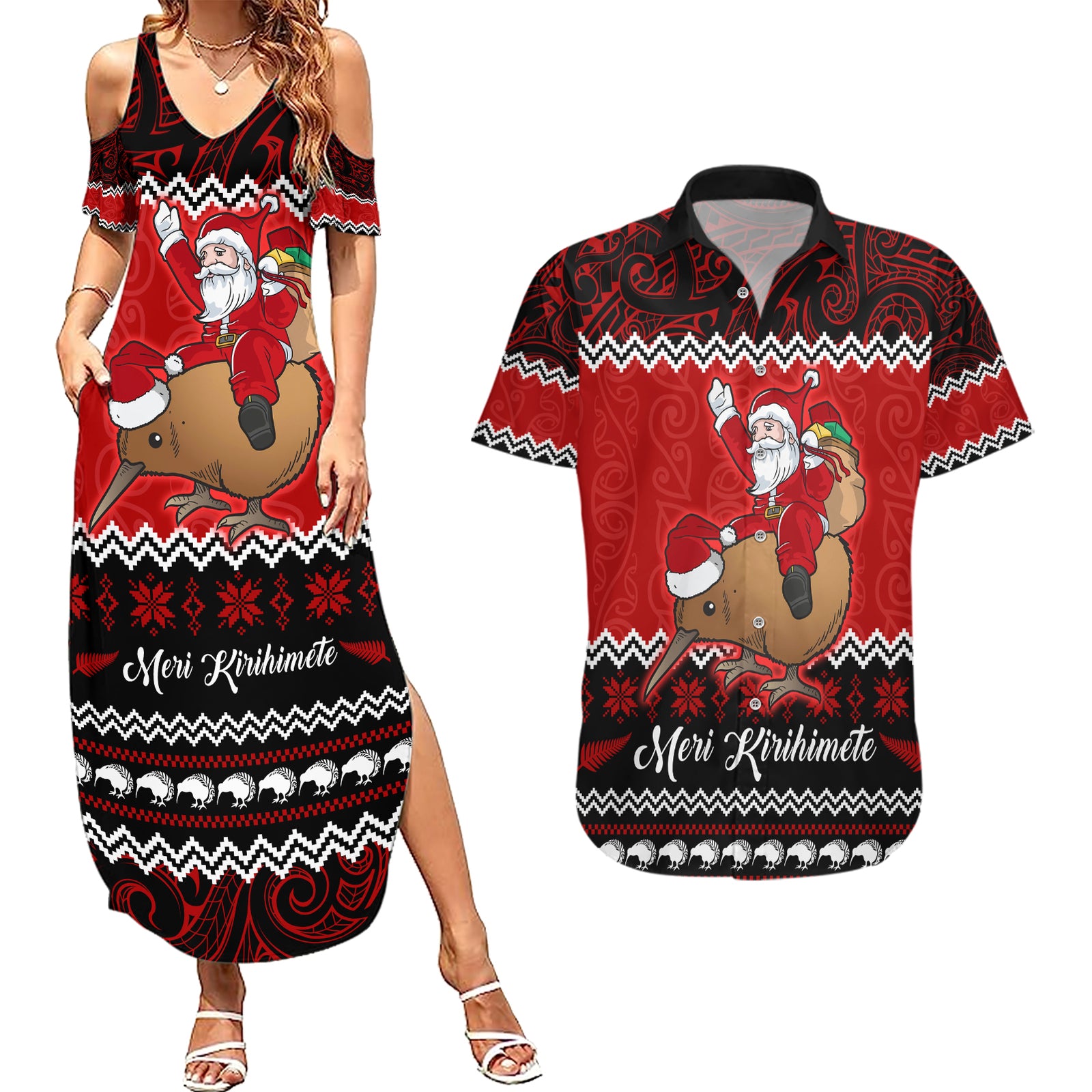 Personalised New Zealand Christmas Couples Matching Summer Maxi Dress and Hawaiian Shirt Kiwi Santa Claus Maori Meri Kirihimete LT9 Red - Polynesian Pride