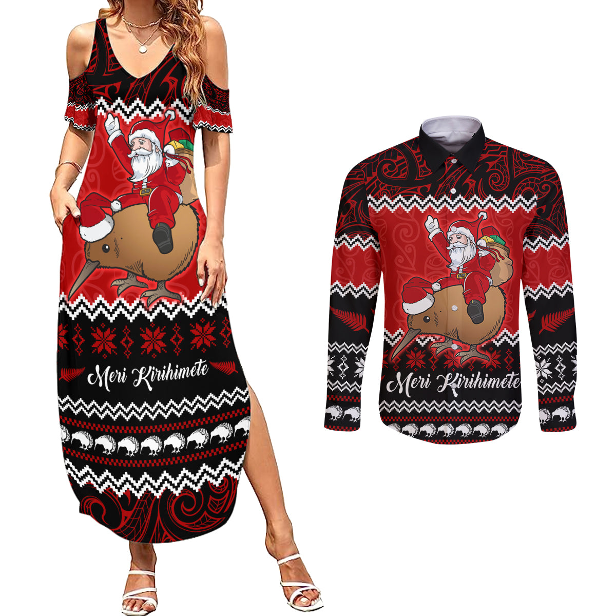 Personalised New Zealand Christmas Couples Matching Summer Maxi Dress and Long Sleeve Button Shirt Kiwi Santa Claus Maori Meri Kirihimete LT9 Red - Polynesian Pride