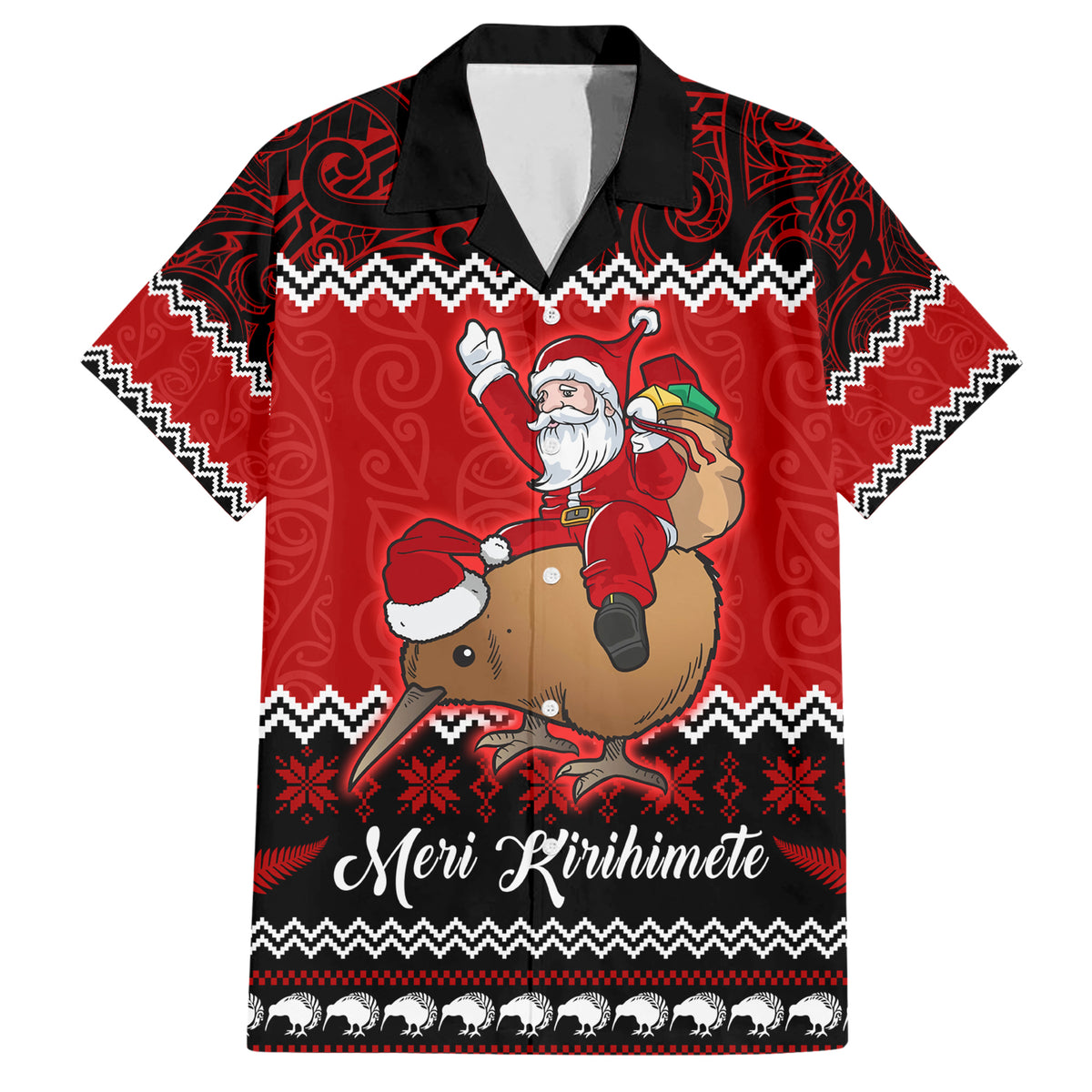 Personalised New Zealand Christmas Family Matching Short Sleeve Bodycon Dress and Hawaiian Shirt Kiwi Santa Claus Maori Meri Kirihimete LT9 Dad's Shirt - Short Sleeve Red - Polynesian Pride