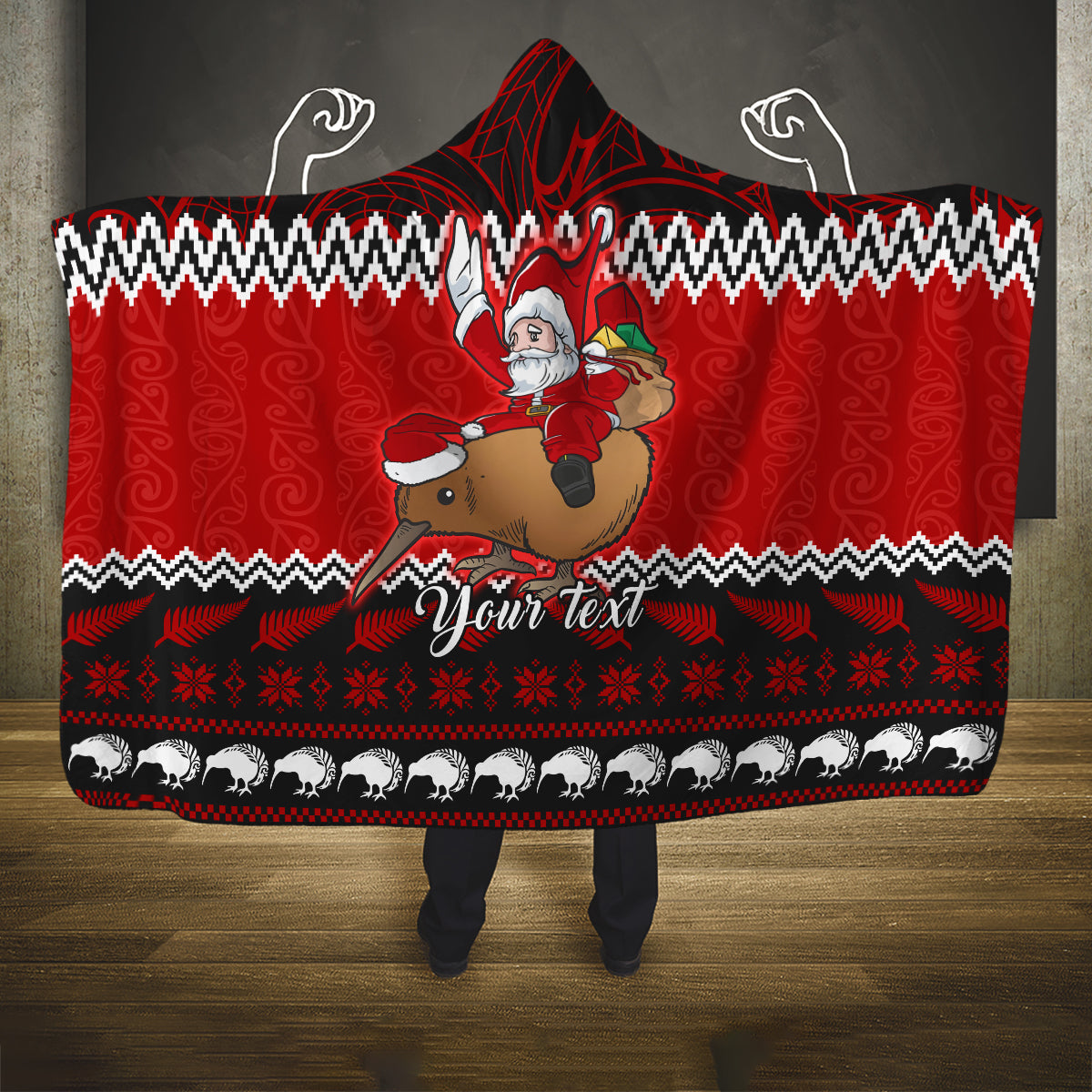 Personalised New Zealand Christmas Hooded Blanket Kiwi Santa Claus Maori Meri Kirihimete LT9 One Size Red - Polynesian Pride