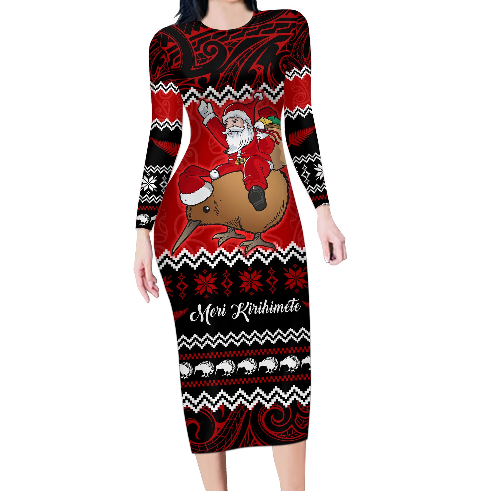 Personalised New Zealand Christmas Long Sleeve Bodycon Dress Kiwi Santa Claus Maori Meri Kirihimete LT9 Long Dress Red - Polynesian Pride