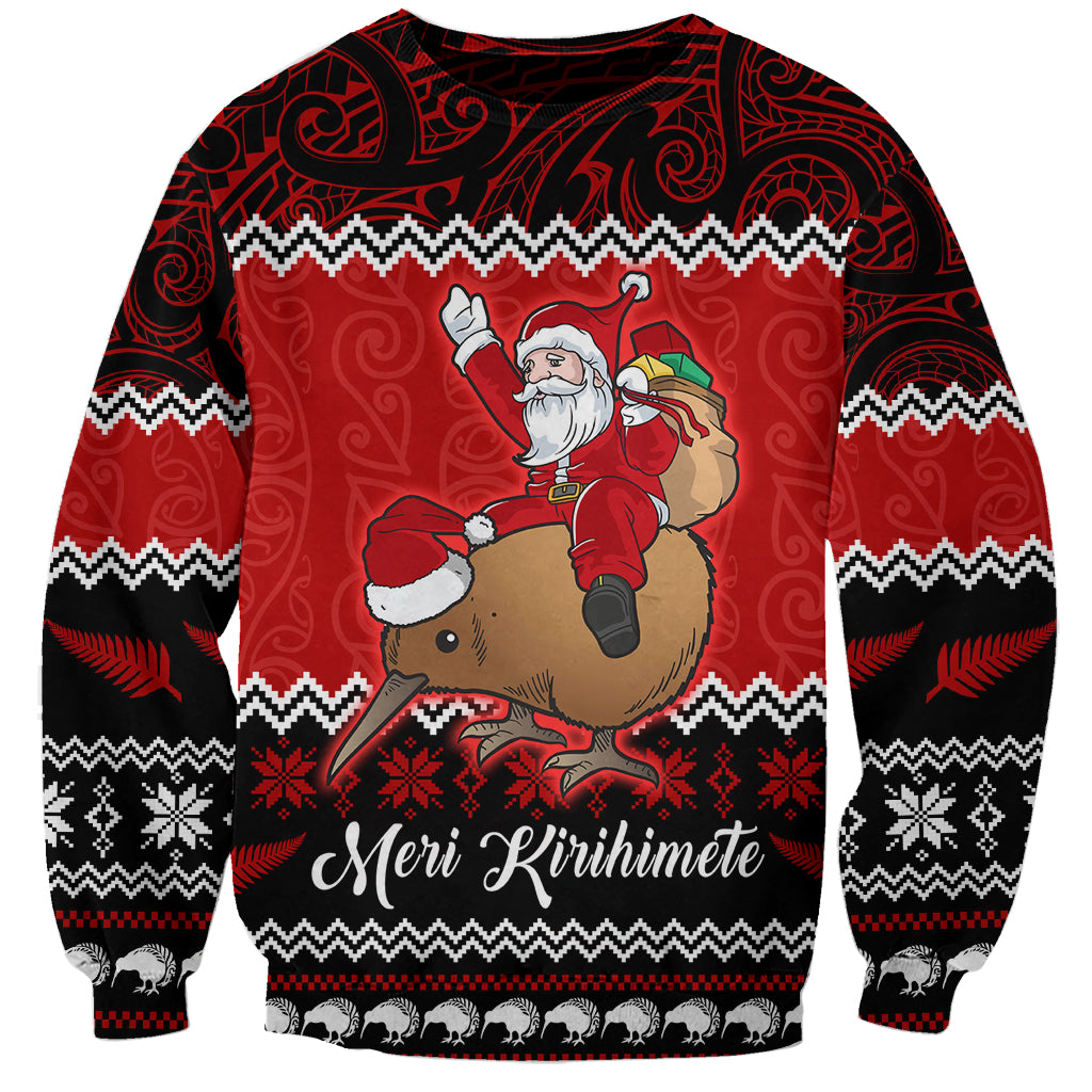 Personalised New Zealand Christmas Sweatshirt Kiwi Santa Claus Maori Meri Kirihimete LT9 Unisex Red - Polynesian Pride