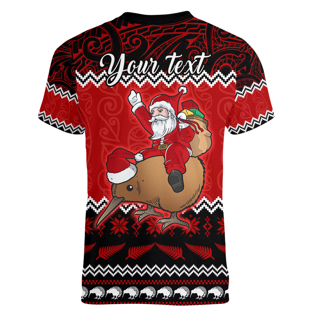 Personalised New Zealand Christmas Women V Neck T Shirt Kiwi Santa Claus Maori Meri Kirihimete LT9 - Polynesian Pride
