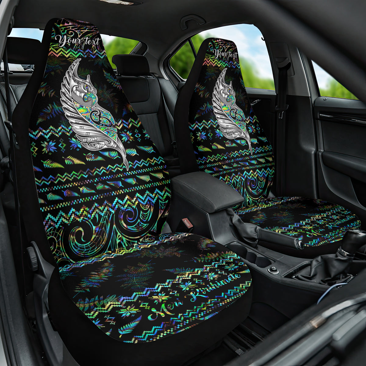 Personalised New Zealand Christmas Car Seat Cover Maori Fern Manaia Meri Kirihimete with Papaua Shell LT9 One Size Black - Polynesian Pride