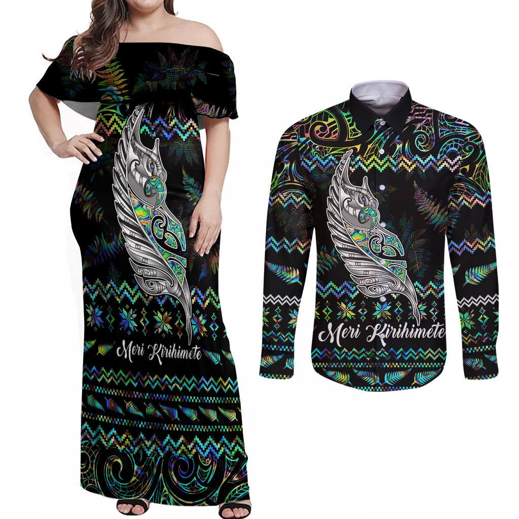 Personalised New Zealand Christmas Couples Matching Off Shoulder Maxi Dress and Long Sleeve Button Shirt Maori Fern Manaia Meri Kirihimete with Papaua Shell LT9 Black - Polynesian Pride