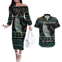 Personalised New Zealand Christmas Couples Matching Off The Shoulder Long Sleeve Dress and Hawaiian Shirt Maori Fern Manaia Meri Kirihimete with Papaua Shell LT9 Black - Polynesian Pride