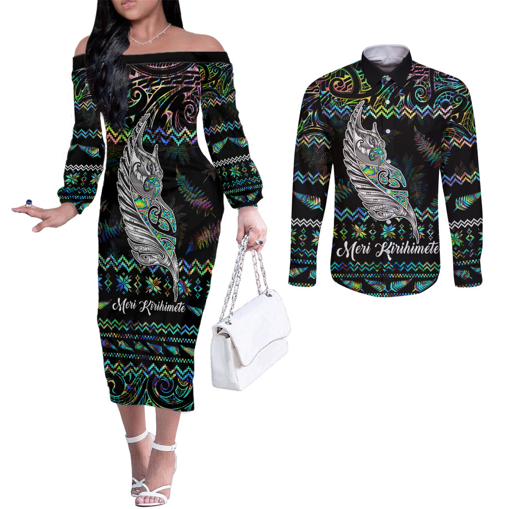 Personalised New Zealand Christmas Couples Matching Off The Shoulder Long Sleeve Dress and Long Sleeve Button Shirt Maori Fern Manaia Meri Kirihimete with Papaua Shell LT9 Black - Polynesian Pride