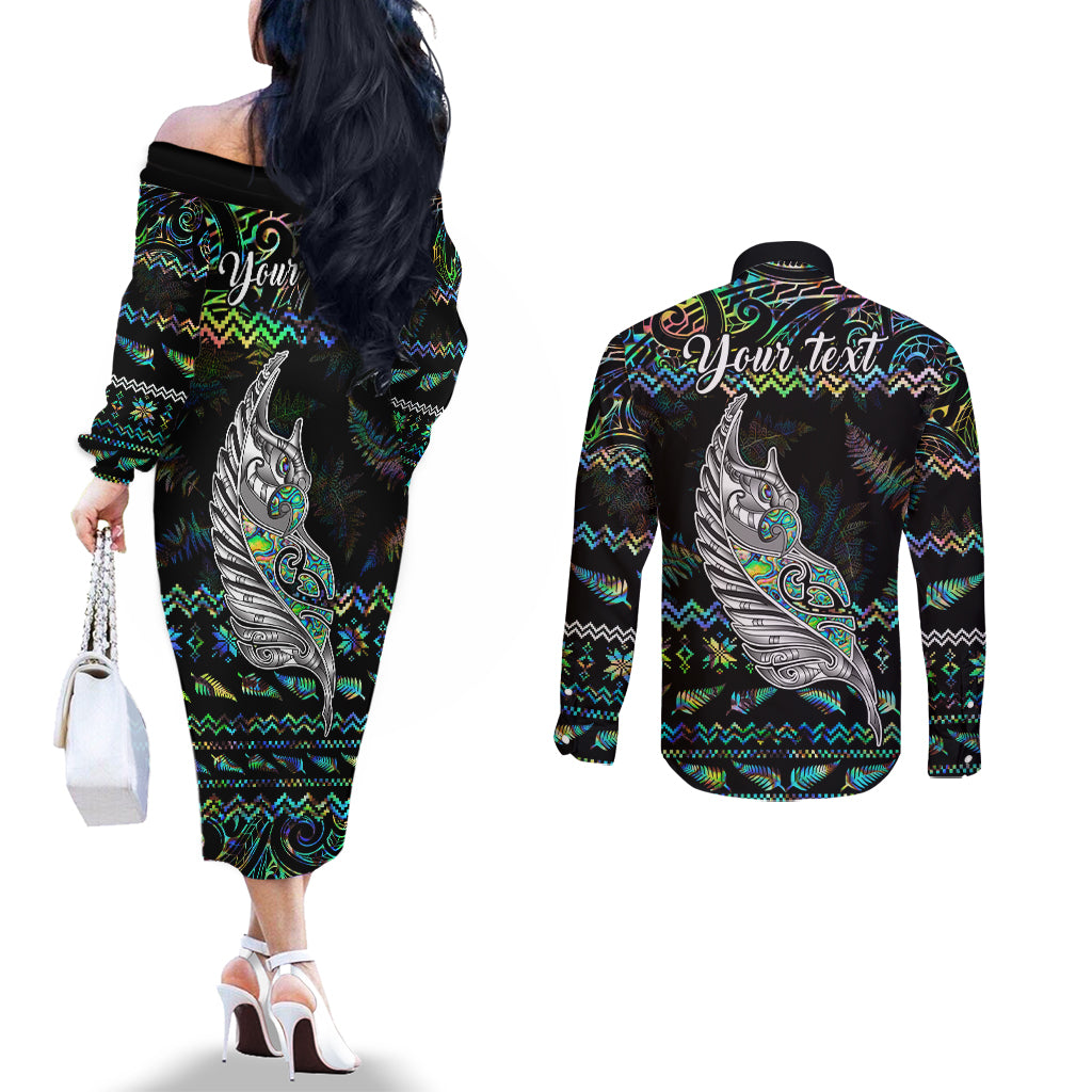 Personalised New Zealand Christmas Couples Matching Off The Shoulder Long Sleeve Dress and Long Sleeve Button Shirt Maori Fern Manaia Meri Kirihimete with Papaua Shell LT9 - Polynesian Pride