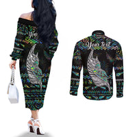 Personalised New Zealand Christmas Couples Matching Off The Shoulder Long Sleeve Dress and Long Sleeve Button Shirt Maori Fern Manaia Meri Kirihimete with Papaua Shell LT9 - Polynesian Pride
