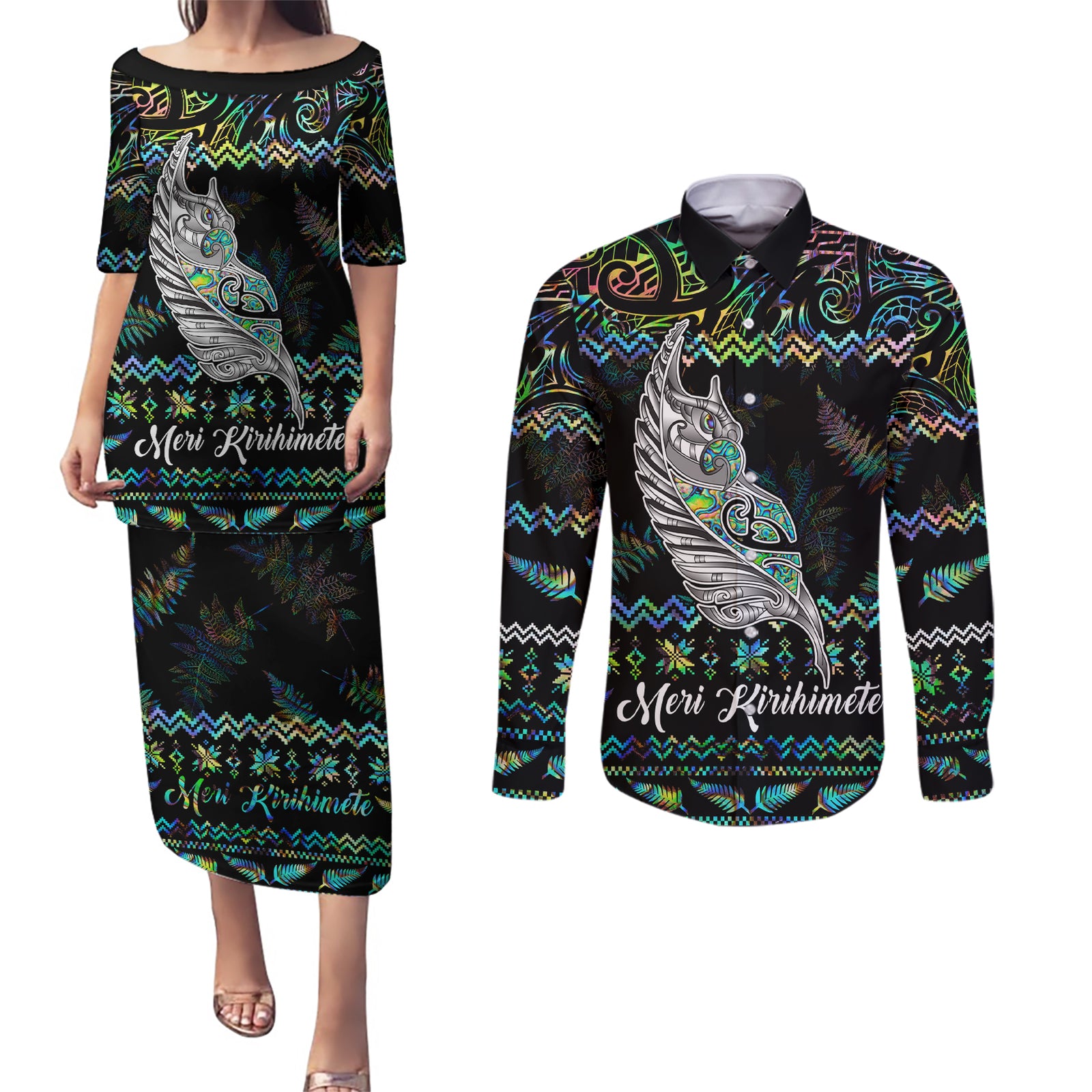 Personalised New Zealand Christmas Couples Matching Puletasi Dress and Long Sleeve Button Shirt Maori Fern Manaia Meri Kirihimete with Papaua Shell LT9 Black - Polynesian Pride