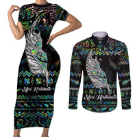 Personalised New Zealand Christmas Couples Matching Short Sleeve Bodycon Dress and Long Sleeve Button Shirt Maori Fern Manaia Meri Kirihimete with Papaua Shell LT9 Black - Polynesian Pride