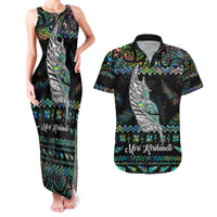 Personalised New Zealand Christmas Couples Matching Tank Maxi Dress and Hawaiian Shirt Maori Fern Manaia Meri Kirihimete with Papaua Shell LT9 Black - Polynesian Pride