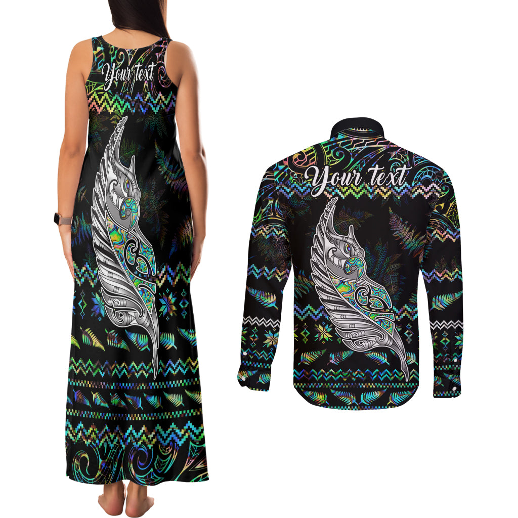 Personalised New Zealand Christmas Couples Matching Tank Maxi Dress and Long Sleeve Button Shirt Maori Fern Manaia Meri Kirihimete with Papaua Shell LT9 - Polynesian Pride