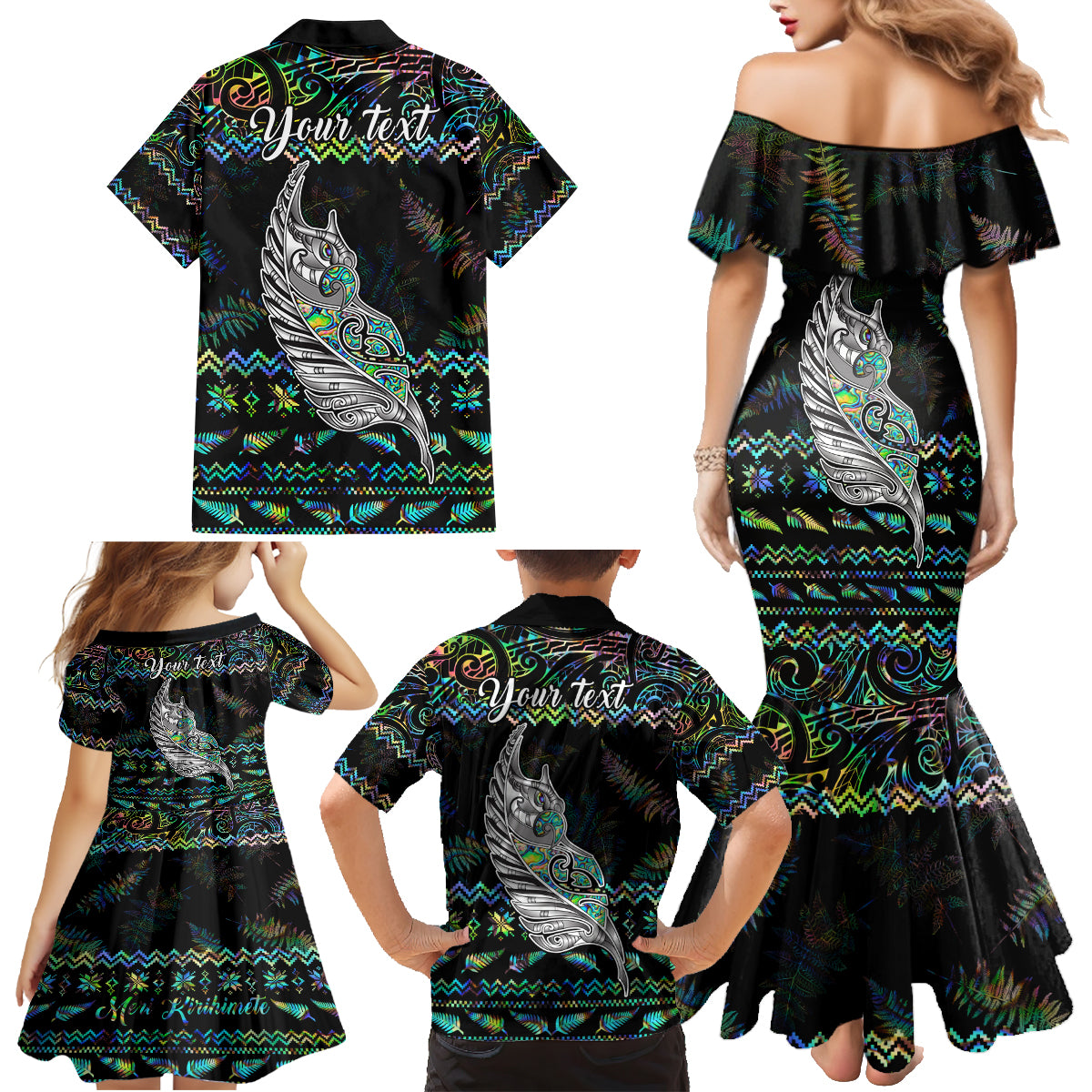 Personalised New Zealand Christmas Family Matching Mermaid Dress and Hawaiian Shirt Maori Fern Manaia Meri Kirihimete with Papaua Shell LT9 - Polynesian Pride