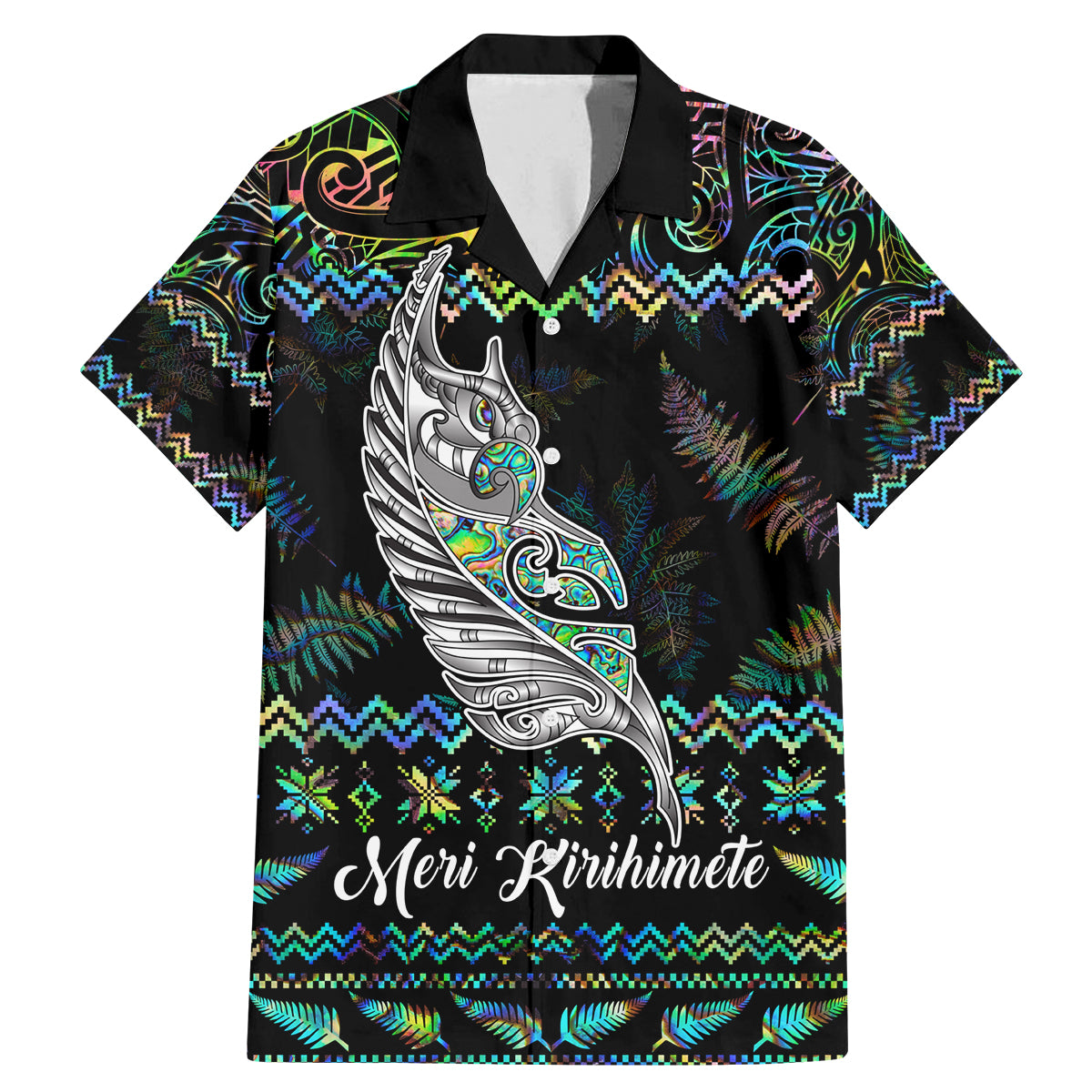Personalised New Zealand Christmas Family Matching Mermaid Dress and Hawaiian Shirt Maori Fern Manaia Meri Kirihimete with Papaua Shell LT9 Dad's Shirt - Short Sleeve Black - Polynesian Pride