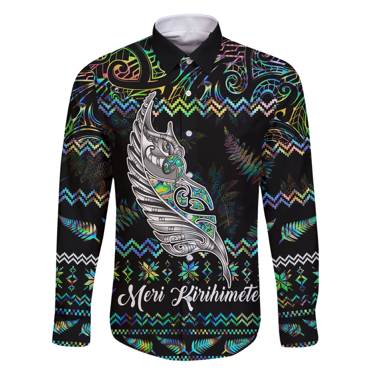Personalised New Zealand Christmas Family Matching Puletasi Dress and Hawaiian Shirt Maori Fern Manaia Meri Kirihimete with Papaua Shell LT9 Dad's Shirt - Long Sleeve Black - Polynesian Pride