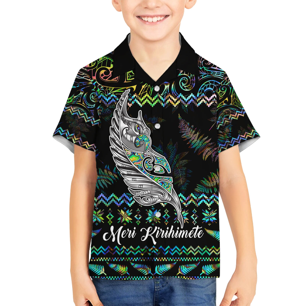 Personalised New Zealand Christmas Family Matching Summer Maxi Dress and Hawaiian Shirt Maori Fern Manaia Meri Kirihimete with Papaua Shell LT9 Son's Shirt Black - Polynesian Pride