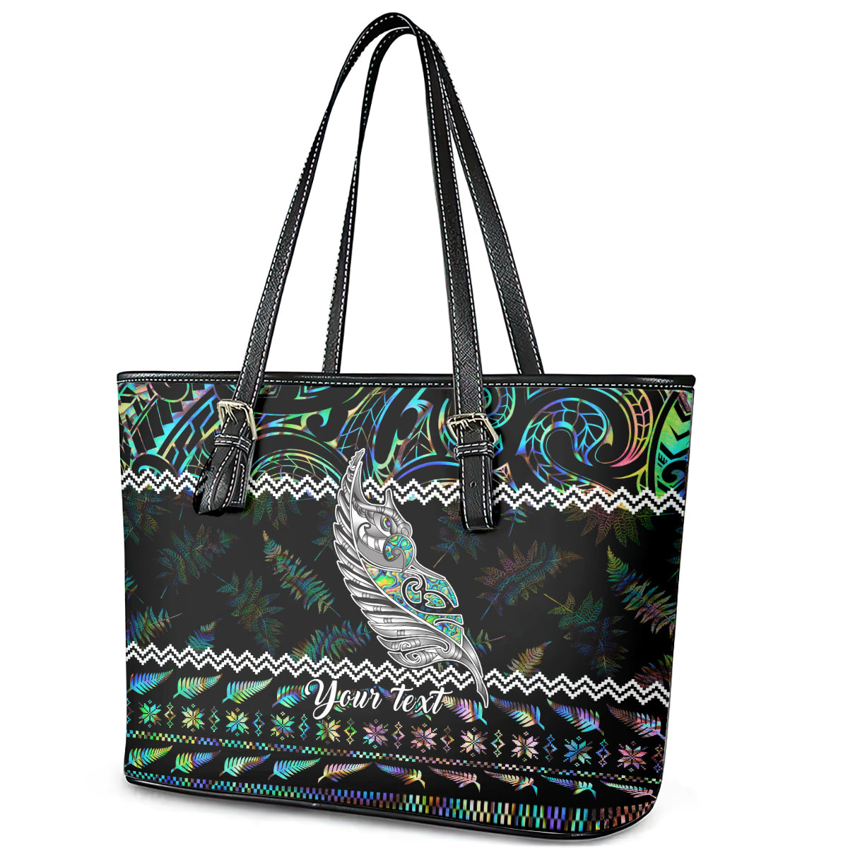 Personalised New Zealand Christmas Leather Tote Bag Maori Fern Manaia Meri Kirihimete with Papaua Shell LT9 - Polynesian Pride