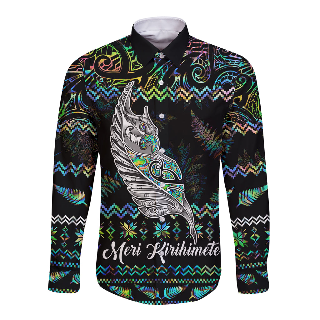 Personalised New Zealand Christmas Long Sleeve Button Shirt Maori Fern Manaia Meri Kirihimete with Papaua Shell LT9 Unisex Black - Polynesian Pride
