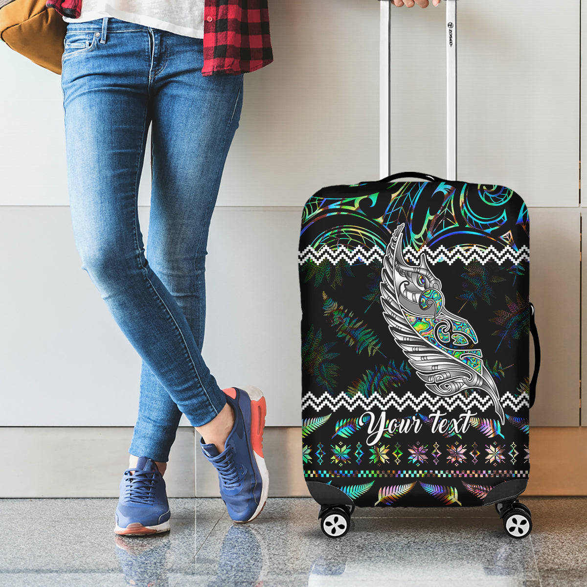 Personalised New Zealand Christmas Luggage Cover Maori Fern Manaia Meri Kirihimete with Papaua Shell LT9 - Polynesian Pride