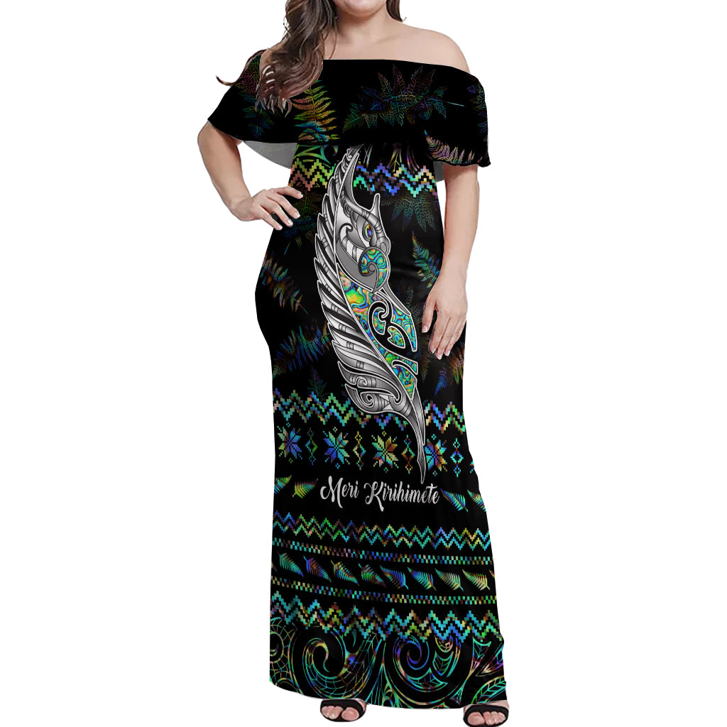 Personalised New Zealand Christmas Off Shoulder Maxi Dress Maori Fern Manaia Meri Kirihimete with Papaua Shell LT9 Women Black - Polynesian Pride