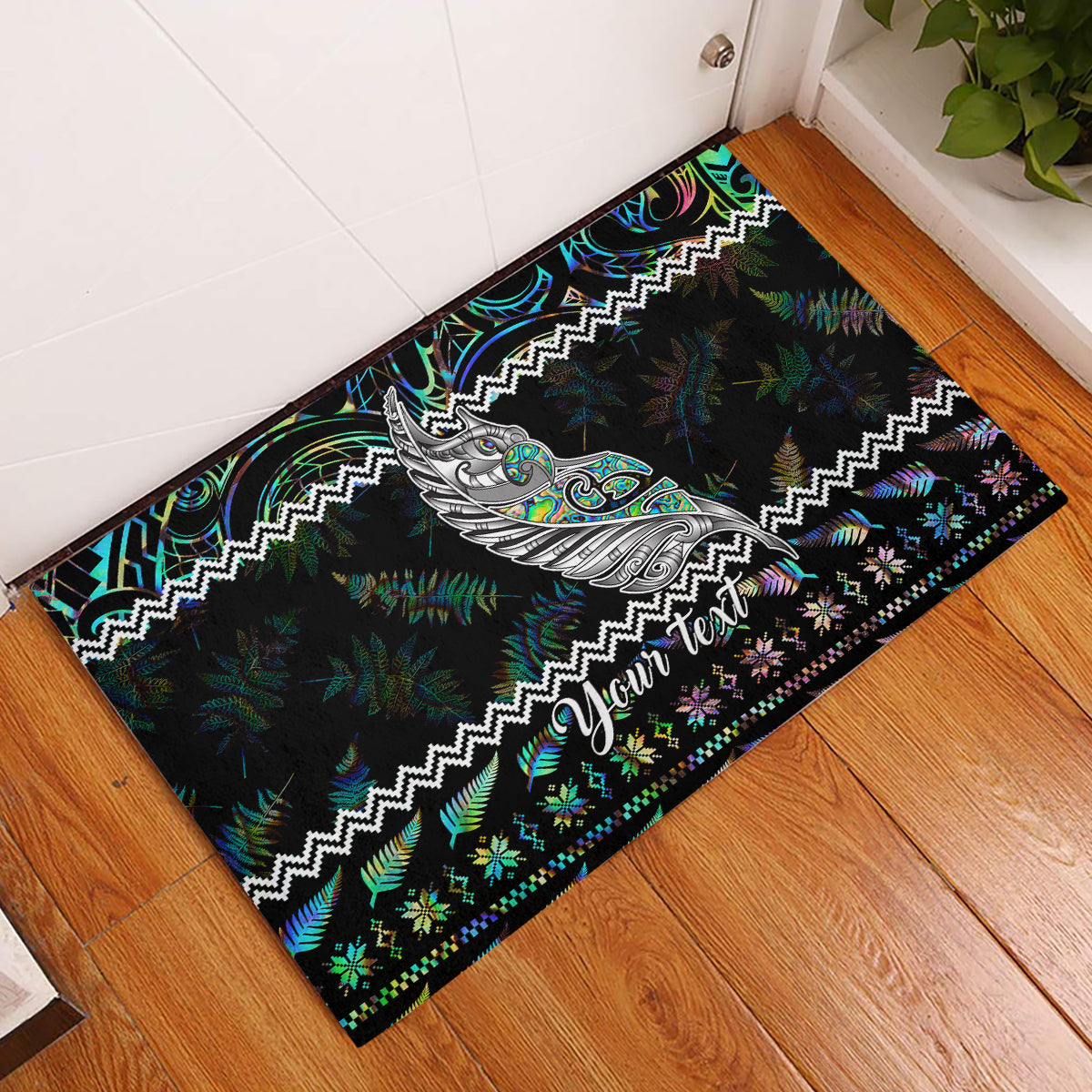 Personalised New Zealand Christmas Rubber Doormat Maori Fern Manaia Meri Kirihimete with Papaua Shell LT9 Black - Polynesian Pride