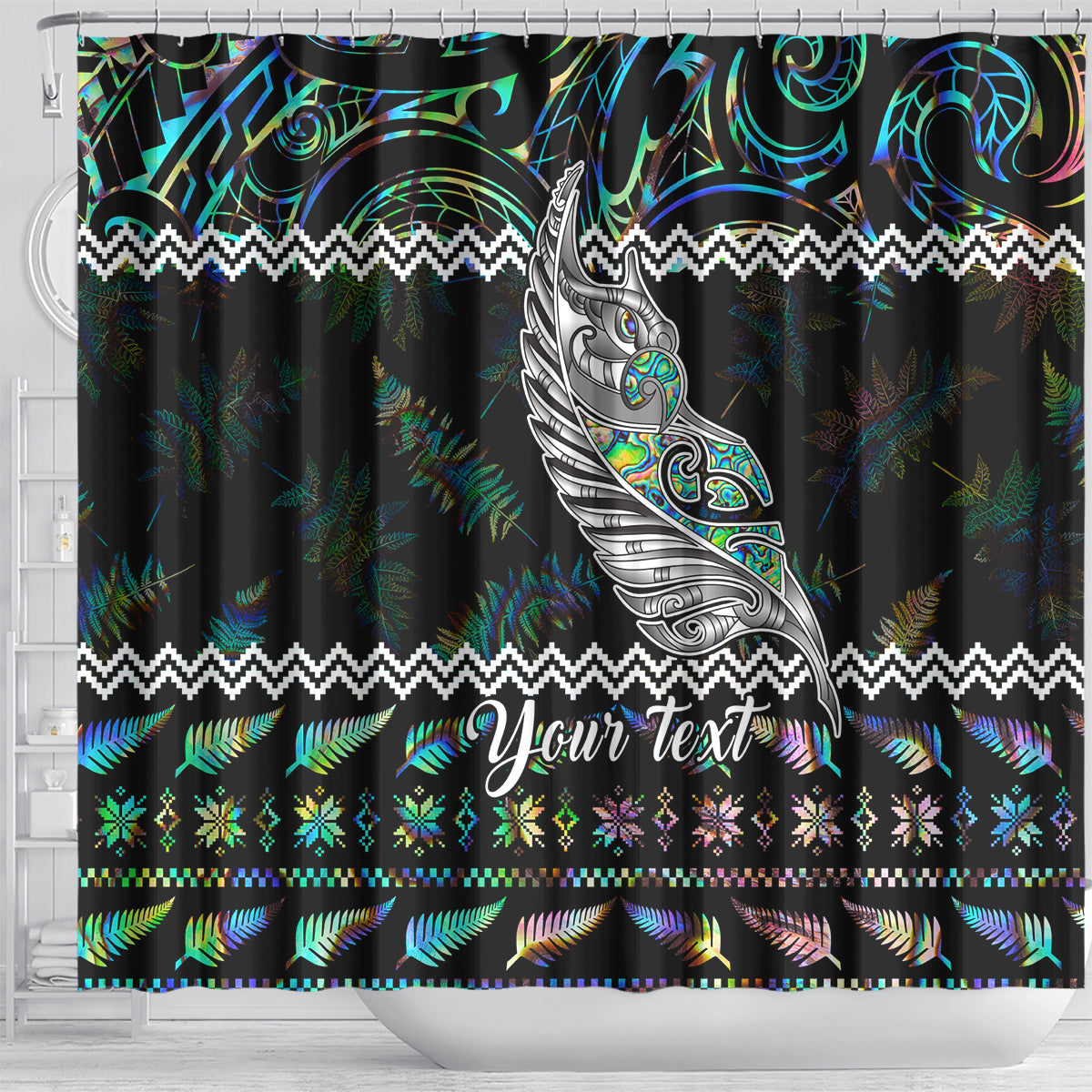 Personalised New Zealand Christmas Shower Curtain Maori Fern Manaia Meri Kirihimete with Papaua Shell LT9 - Polynesian Pride