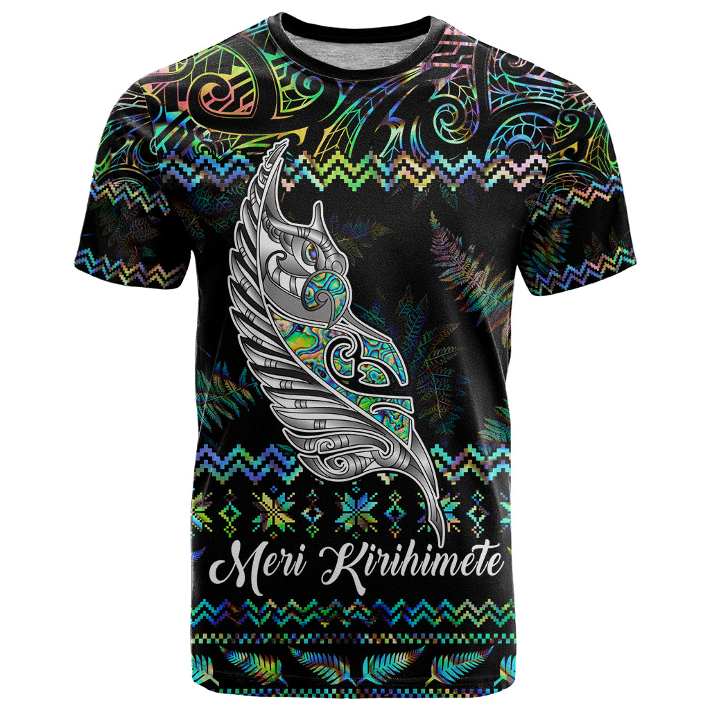 Personalised New Zealand Christmas T Shirt Maori Fern Manaia Meri Kirihimete with Papaua Shell LT9 Black - Polynesian Pride