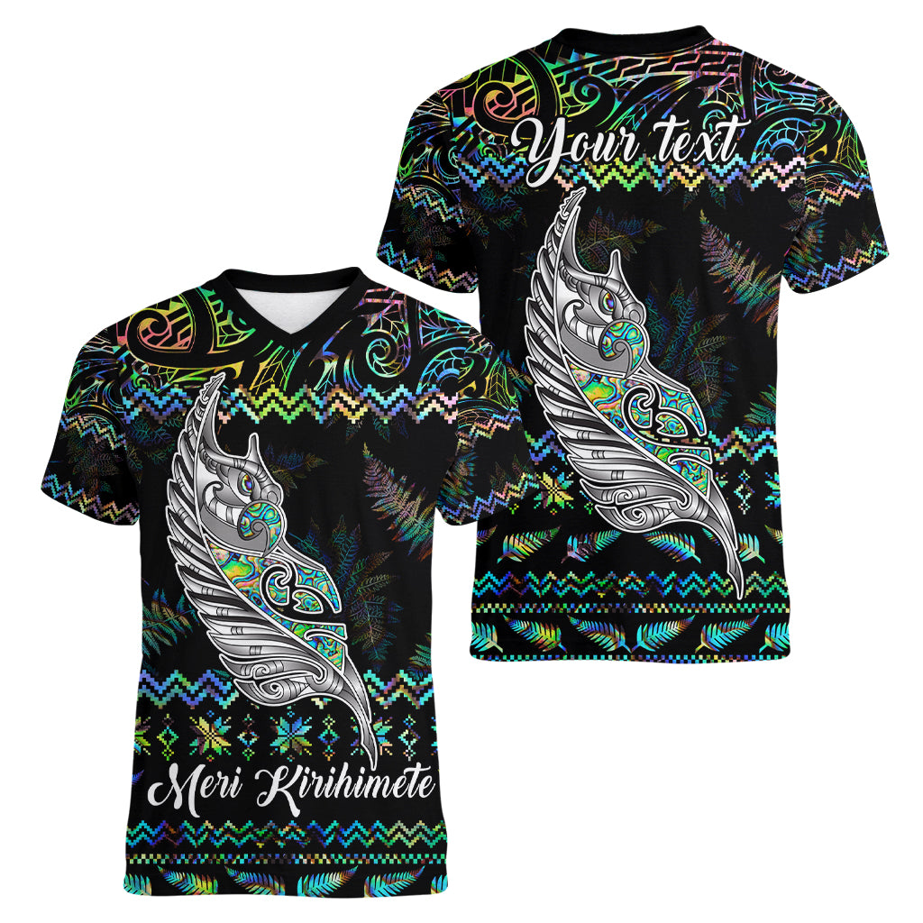 Personalised New Zealand Christmas Women V Neck T Shirt Maori Fern Manaia Meri Kirihimete with Papaua Shell LT9 - Polynesian Pride