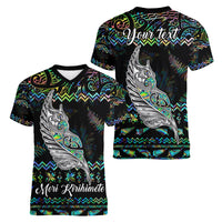 Personalised New Zealand Christmas Women V Neck T Shirt Maori Fern Manaia Meri Kirihimete with Papaua Shell LT9 - Polynesian Pride