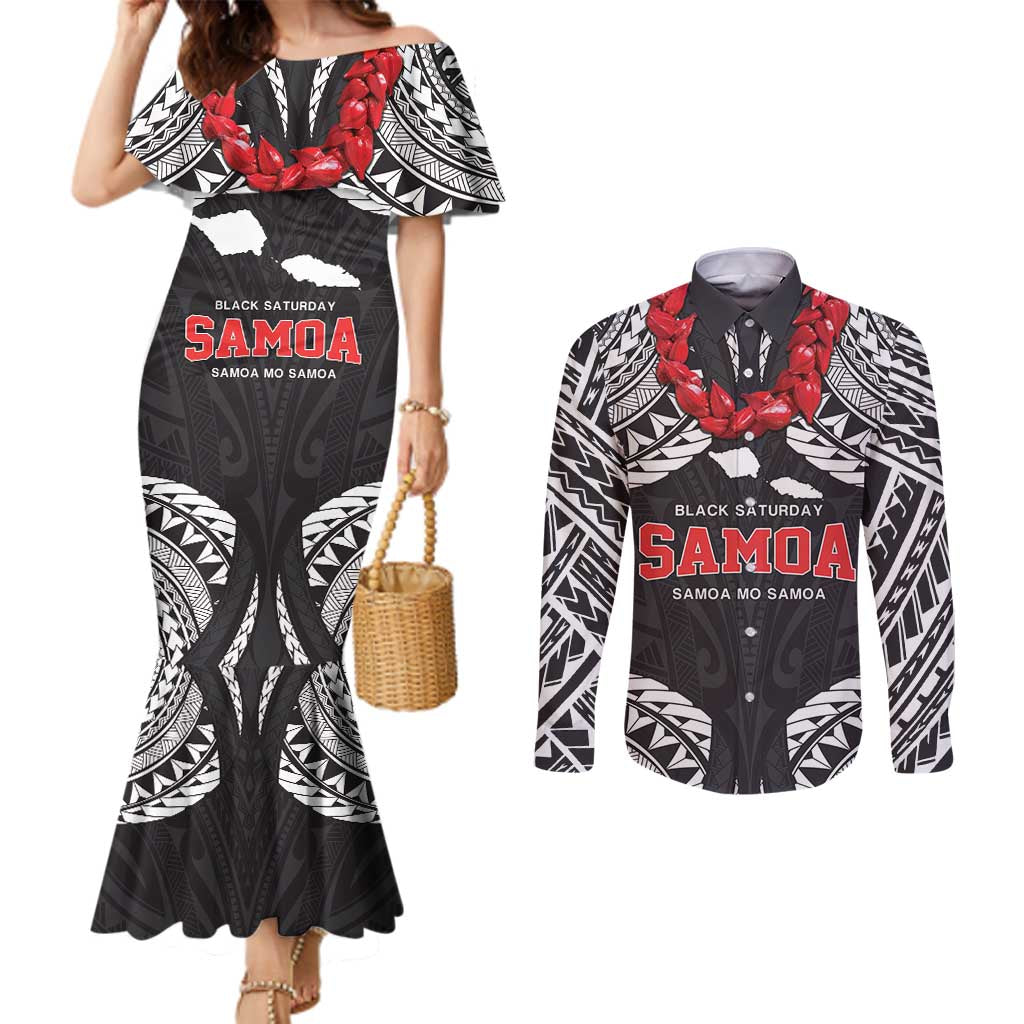 Samoa Black Saturday Couples Matching Mermaid Dress and Long Sleeve Button Shirt Samoa mo Samoa with Black Ula Fala