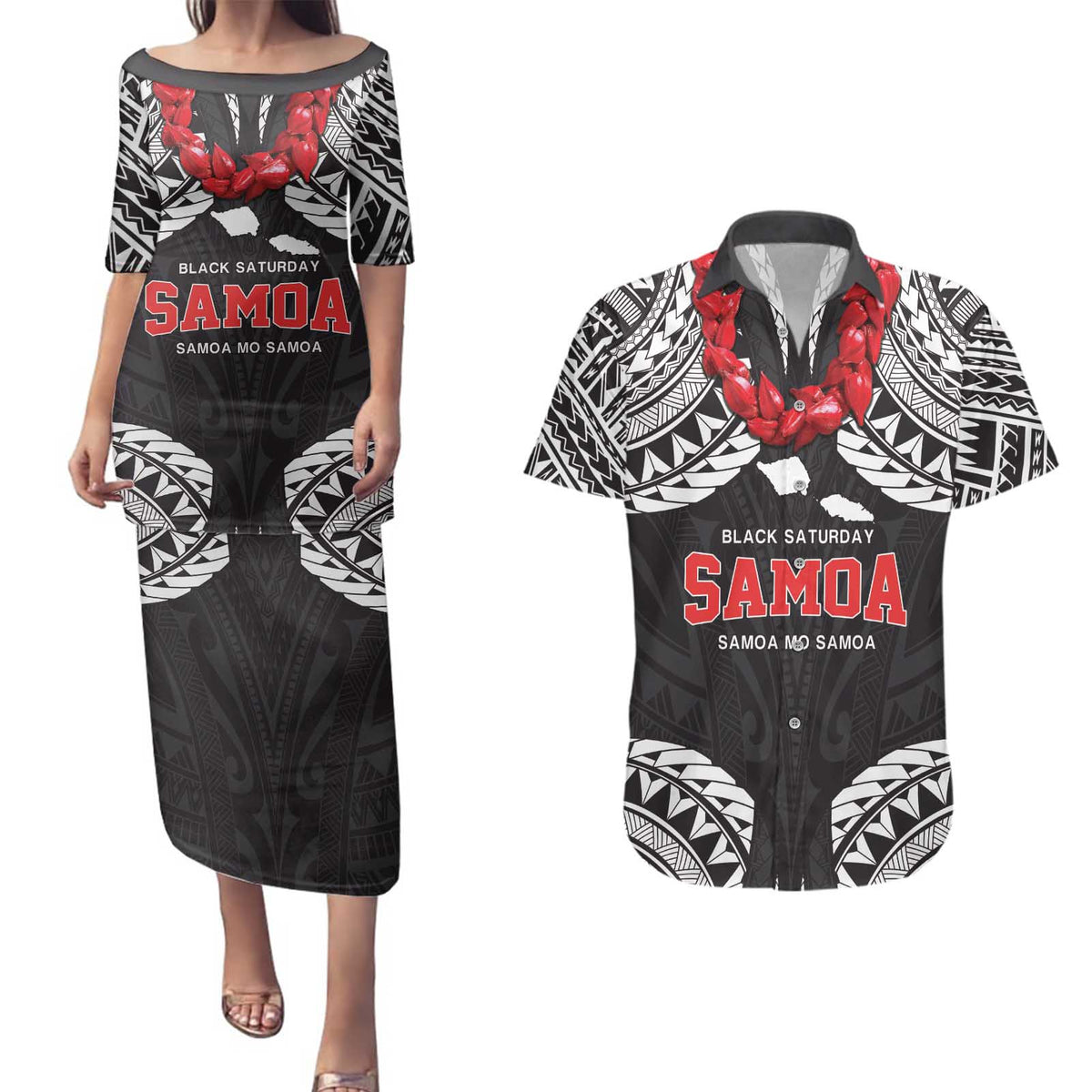 Samoa Black Saturday Couples Matching Puletasi and Hawaiian Shirt Samoa mo Samoa with Black Ula Fala LT9 Black - Polynesian Pride