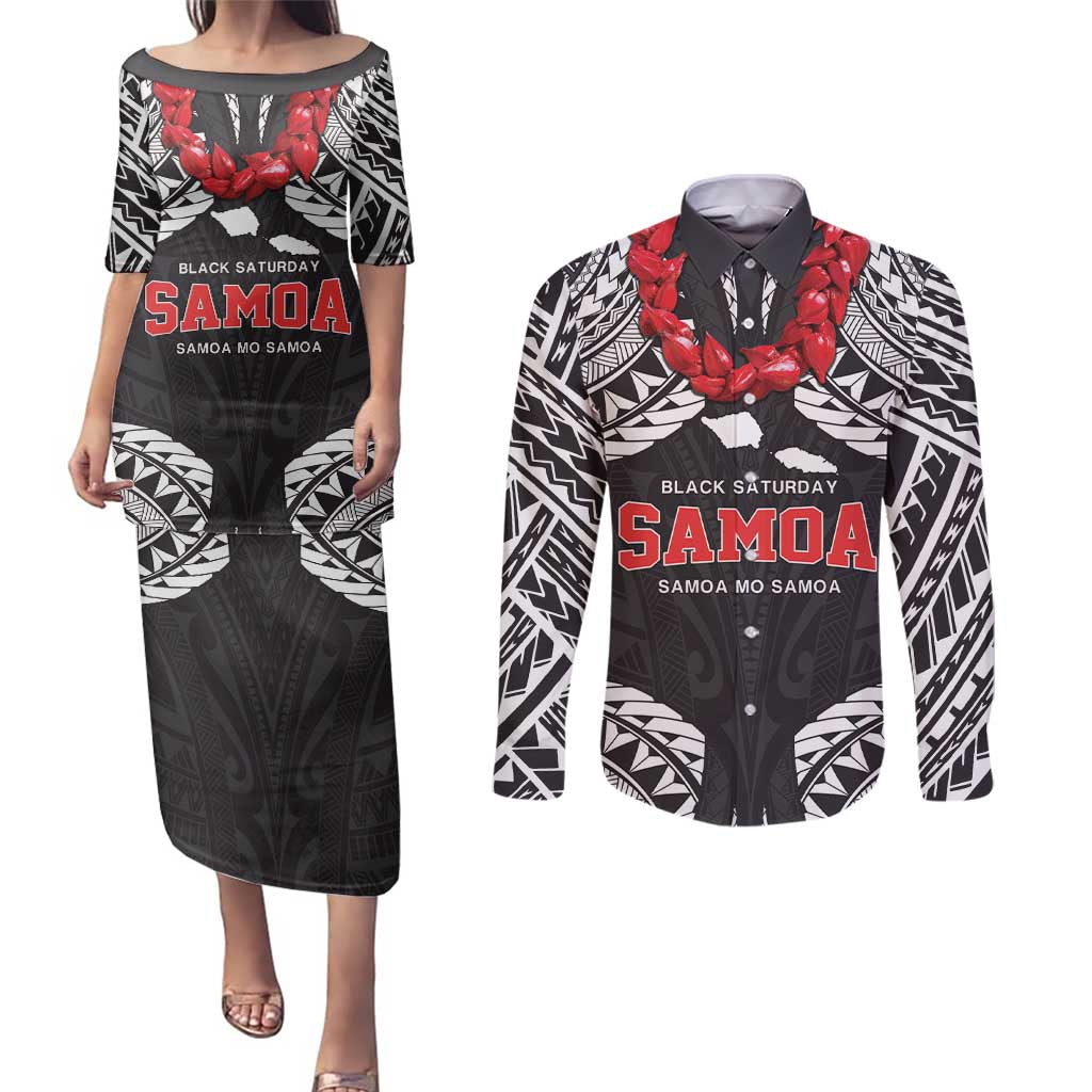 Samoa Black Saturday Couples Matching Puletasi and Long Sleeve Button Shirt Samoa mo Samoa with Black Ula Fala LT9 Black - Polynesian Pride