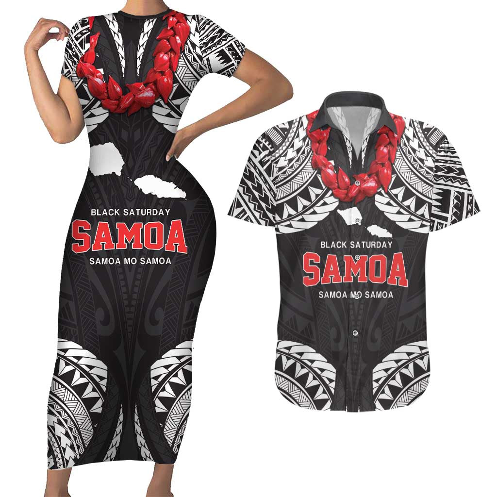 Samoa Black Saturday Couples Matching Short Sleeve Bodycon Dress and Hawaiian Shirt Samoa mo Samoa with Black Ula Fala LT9 Black - Polynesian Pride