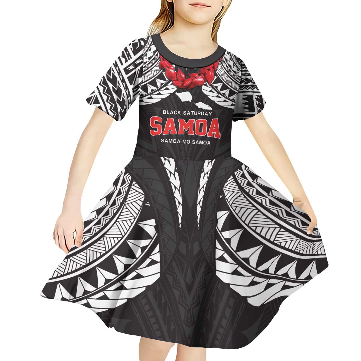 Samoa Black Saturday Kid Short Sleeve Dress Samoa mo Samoa with Black Ula Fala LT9 - Polynesian Pride